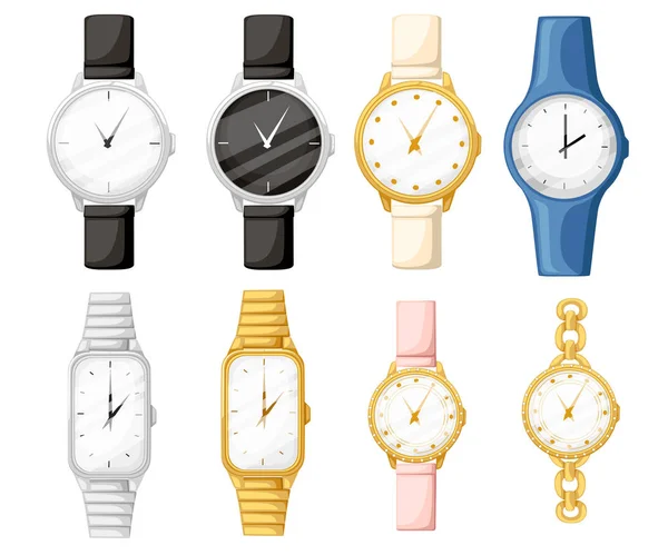 设置不同的风格和颜色腕表 男人和女人的手表收藏 在白色背景查出的平的向量例证 — 图库矢量图片
