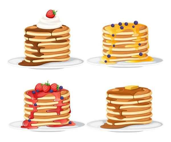 Set Four Pancakes Different Toppings Pancakes White Plate Baking Syrup — Stock Vector