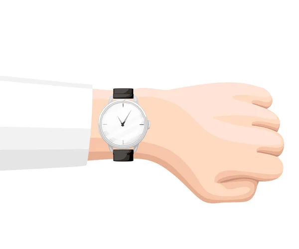 银腕表 手上有黑色表带 手表上的时间 查出的动画片平的向量例证在白色背景 — 图库矢量图片