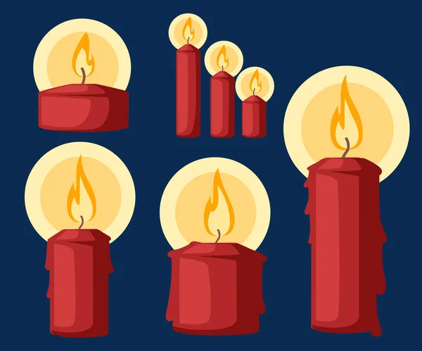 Kerzensymbolset Vorhanden Sammlung Roter Weihnachtskerzen Brennender Wachskerzen Flache Vektordarstellung Auf — Stockvektor