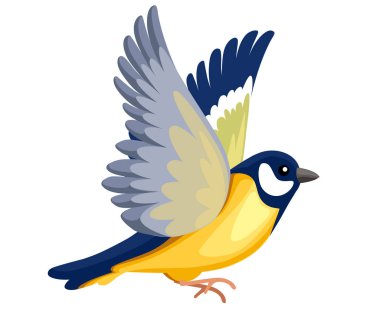 Uçan Titmouse kuşu yan görünümü. Düz karikatür karakter tasarımı. Renkli kuş simgesi. Sevimli faresi şablonu. Vektör Illustration beyaz arka planda yalıtılmış.