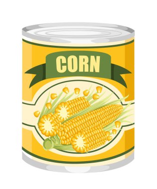 Alüminyum Mısır olabilir. Mısır koçanı logosu ile konserve tatlı Mısır. Süpermarket ve dükkan için ürün. Beyaz arka planda izole düz vektör illüstrasyon.