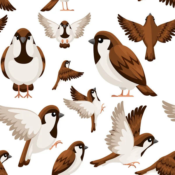 Nahtloses Muster Bunte Symbol Set Von Sperling Vogel Flaches Zeichentrickfiguren — Stockvektor