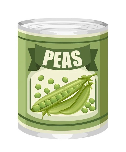 铝罐中的青豆 带有豌豆标志的罐头食品 适用于超市和商店的产品 在白色背景查出的平的向量例证 — 图库矢量图片