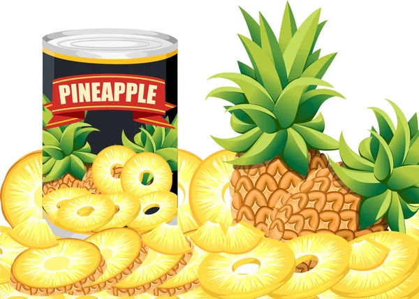 Pineapple in aluminum can. Canned sweet pineapple logo. Tinned pineapple rings. Product for supermarket and shop. Flat vector illustration on white background.