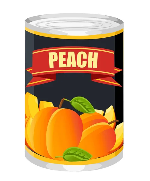 桃子在铝罐头 可以用绿叶标志的甜桃子 适用于超市和商店的产品 在白色背景查出的平的向量例证 — 图库矢量图片