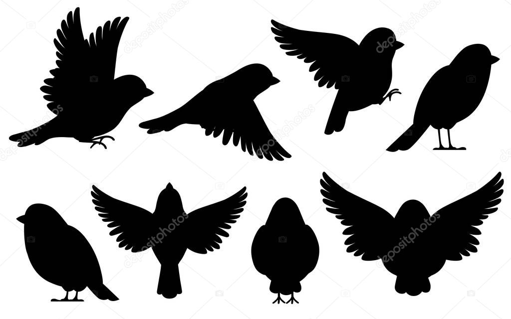 Black silhouette. Icon set of Sparrow bird. Flat cartoon character design. Bird icon in different side of view. Cute sparrow for world sparrow day. Vector illustration isolated on white background.