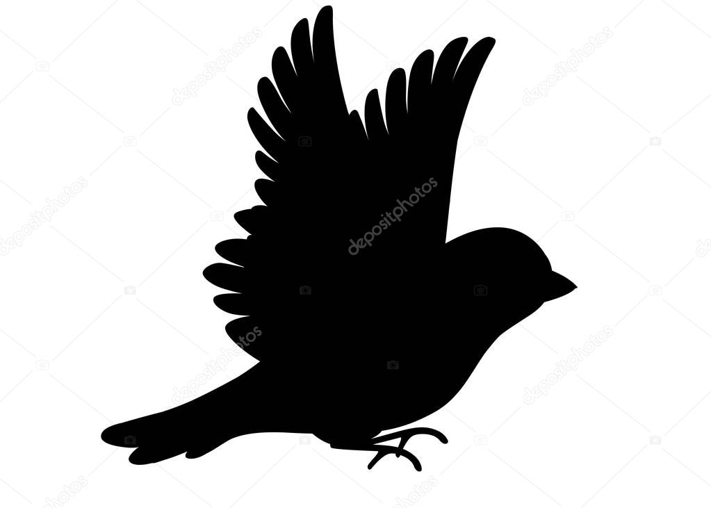 Black silhouette. Side view of flying Sparrow bird. Flat cartoon character design. Colorful bird icon. Cute sparrow for world sparrow day. Vector illustration isolated on white background.