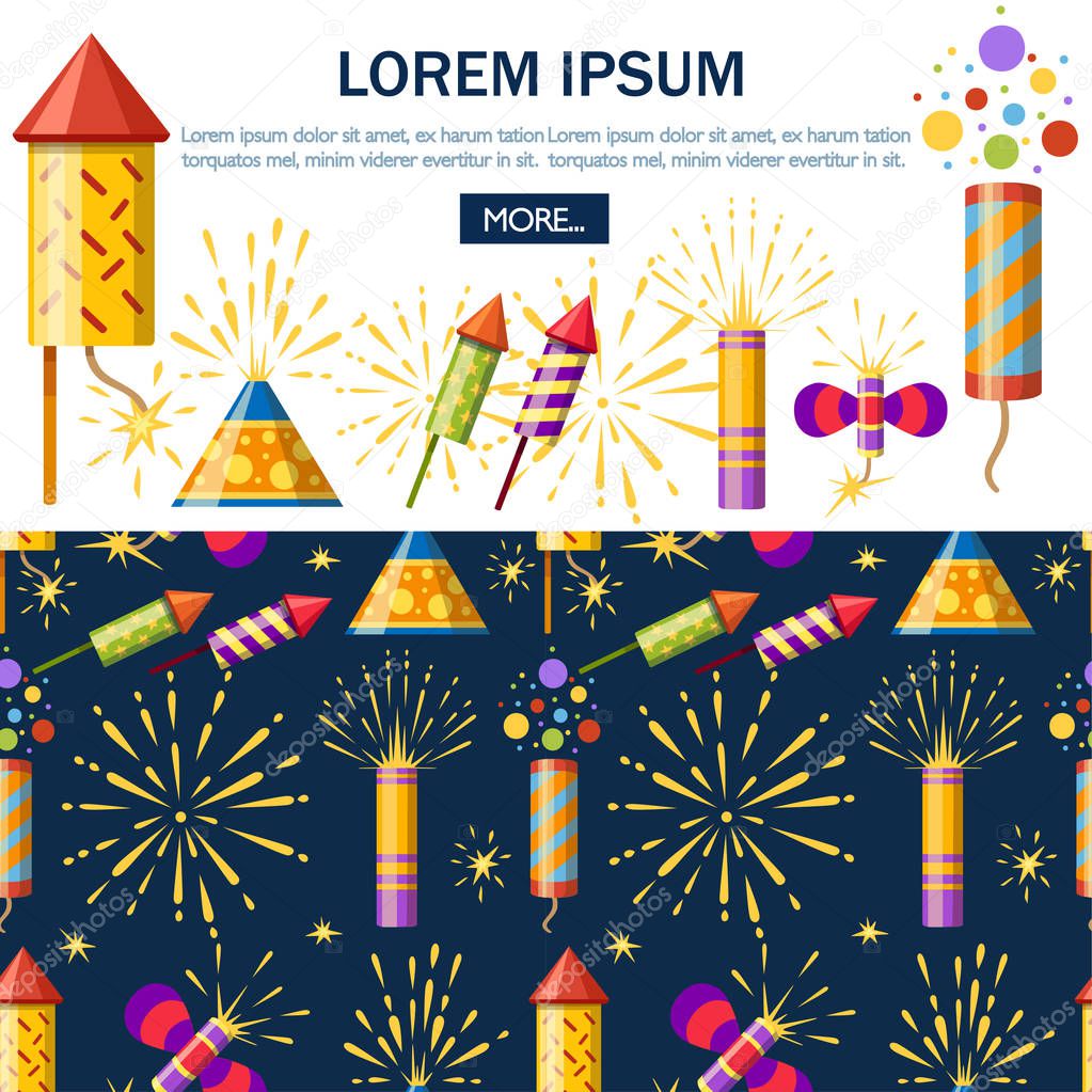 Collection of firecracker. Pyrotechnic colorful icon set. Firework for New Year celebration. Flat vector illustration on white and dark blue background.