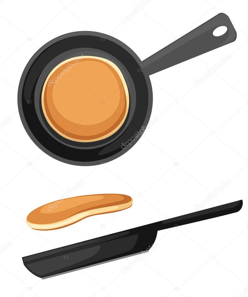 Flying pancakes and frying pan. Flat vector illustration isolated on white background. Breakfast icon.