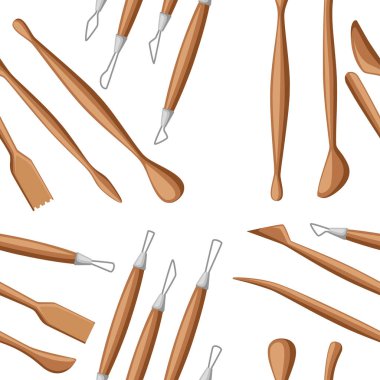 Dikişsiz desen. Heykelleme araçları koleksiyonu. Kil modelleme enstrüman seti. Ahşap ve metal malzeme. Beyaz arka planda düz vektör çizim.