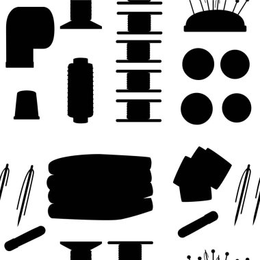 Dikişsiz desen. Dikiş öğeleri seti. Ekipman koleksiyonu terzilik. Düz Iğne simgeleri-iğne, düğme, ölçü bandı, iplik ve diğerleri. Beyaz arka planda izole düz vektör illüstrasyon.