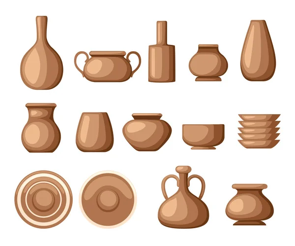 Set Clay Crockery Kitchenware Dishes Plates Jugs Pots Brown Clay — Stock Vector