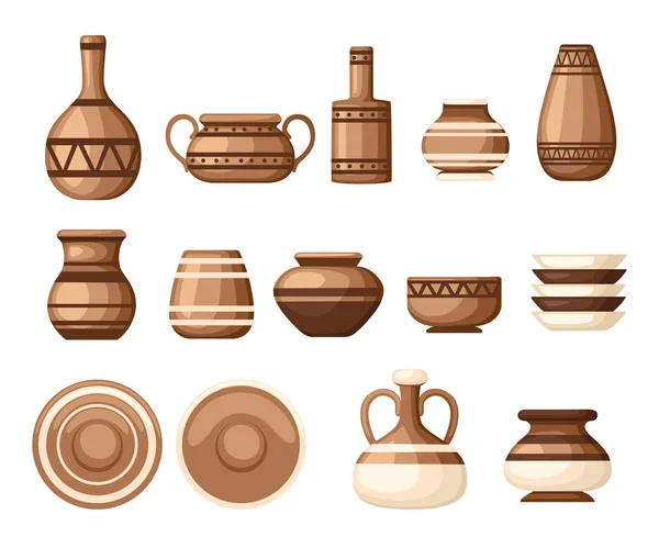 Set Clay Crockery Patterns Kitchenware Dishes Plates Jugs Pots Brown — Stock Vector