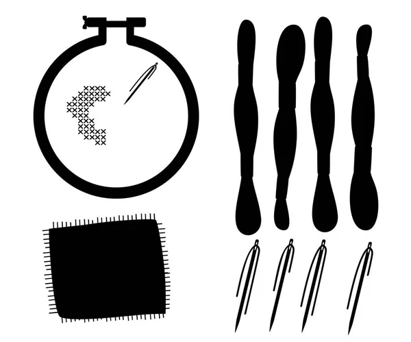 Schwarze Silhouette Stickrahmen Für Kreuzstichnähte Kunststoffreifen Edelstahlnadel Mit Fäden Und — Stockvektor