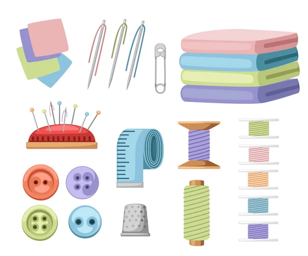 Naaien Items Set Afstem Apparatuur Collectie Platte Handwerk Iconen Naald — Stockvector