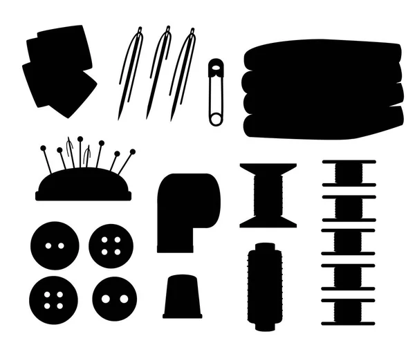 Black Silhouette Sewing Items Set Tailoring Equipment Collection Flat Needlework — Stock Vector