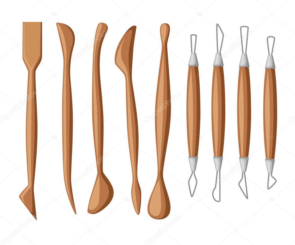 Collection of sculpting tools. Set of clay modeling instrument. Wood and metal material. Flat vector illustration isolated on white background.