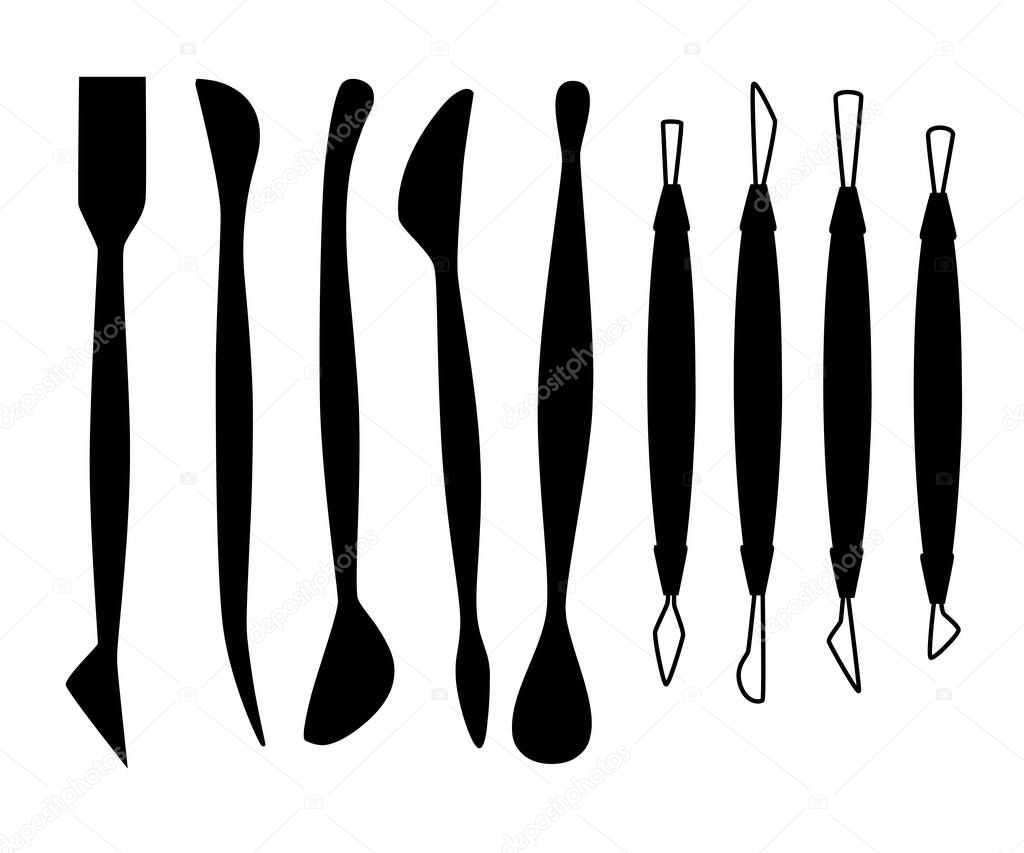 Black silhouette. Collection of sculpting tools. Set of clay modeling instrument. Wood and metal material. Flat vector illustration isolated on white background.