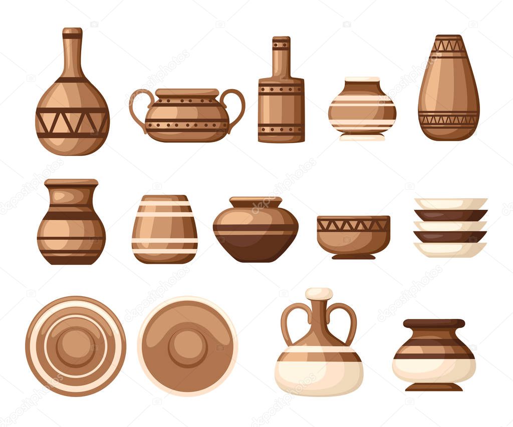 Set of clay crockery with patterns. Kitchenware dishes - plates, jugs, pots. Brown clay. Flat vector illustration isolated on white background.