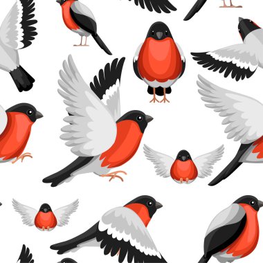 Dikişsiz desen. Renkli Icon Bullfinch kuş seti. Düz karikatür karakter tasarımı. Görünümün farklı tarafında kuş simgesi. Kış kuşu. Beyaz arka planda vektör Illustration.