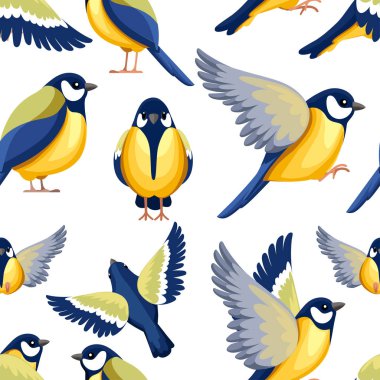 Dikişsiz desen. Titmouse kuş renkli Icon Seti. Düz karikatür karakter tasarımı. Görünümün farklı tarafında kuş simgesi. Sevimli faresi şablonu. Beyaz arka planda vektör Illustration.