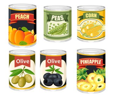 Renkli simge koleksiyonu alüminyum gıda olabilir. Konserve meyve ve zeytin. Süpermarket ve dükkan için ürün. Arka planda izole düz vektör illüstrasyon.
