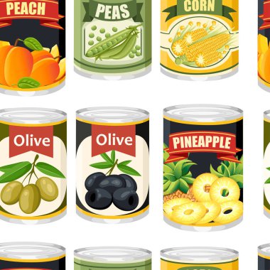 Dikişsiz desen. Alüminyum gıda olabilir. Konserve meyve ve zeytin. Süpermarket ve dükkan için ürün. Arka planda izole düz vektör illüstrasyon.