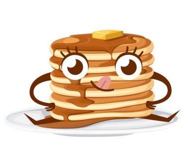 Karikatür karakter tasarımı. Akçaağaç şurubu ve tereyağı parçası ile krep yığını. Beyaz arka planda izole düz vektör illüstrasyon. Beyaz plaka üzerinde krep, maskot.