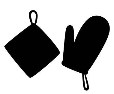 Siyah siluet. Potholder ve fırın Mitt. Kare desen ile koruyucu kumaş doku bezi. Beyaz arka planda izole düz vektör illüstrasyon.