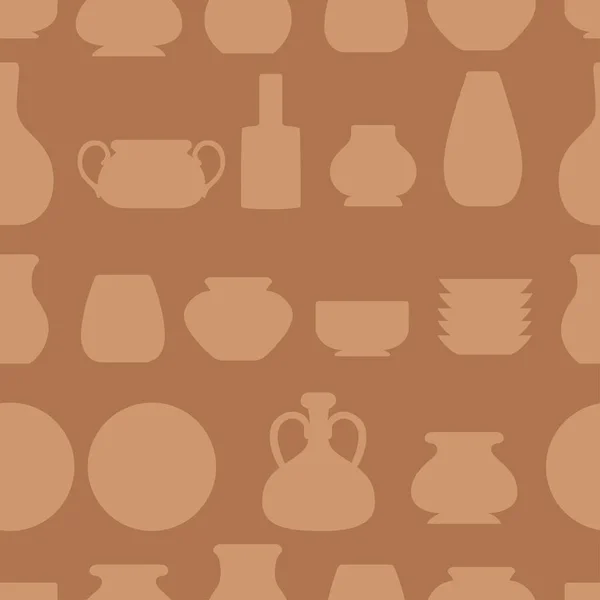 无缝模式 一套粘土陶器 厨房用具菜 棕色粘土 平的向量例证在棕色背景 — 图库矢量图片