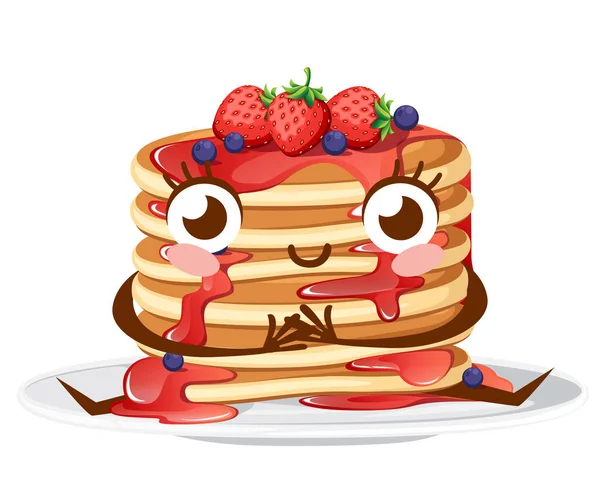 Conception Personnage Bande Dessinée Empilement Crêpes Sirop Fraise Fraises Aux — Image vectorielle