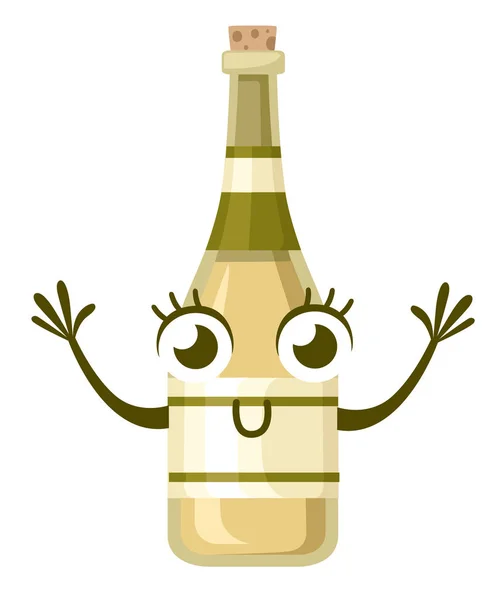 Bottle of white wine, cartoon character design. Alcohol mascot. Bottle with yellow foil,and yellow label. Flat vector illustration isolated on white background.