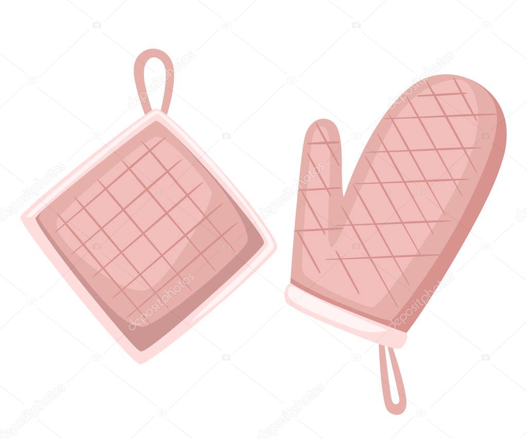 Potholder and oven mitt pink color. Protective fabric tissue cloth with square pattern. Flat vector illustration isolated on white background.
