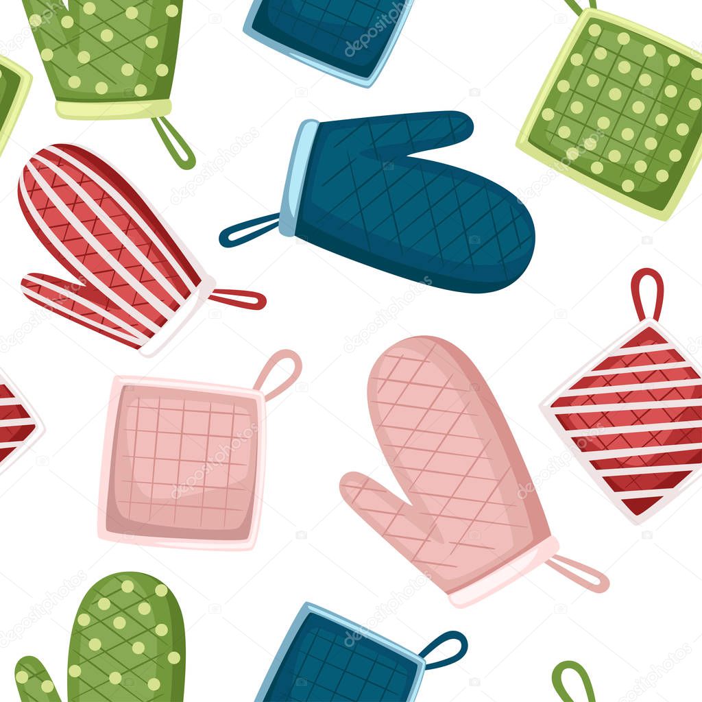 Seamless pattern. Potholder and oven mitt in different color and texture. Protective fabric tissue cloth with square, line and dot pattern. Flat vector illustration on white background.