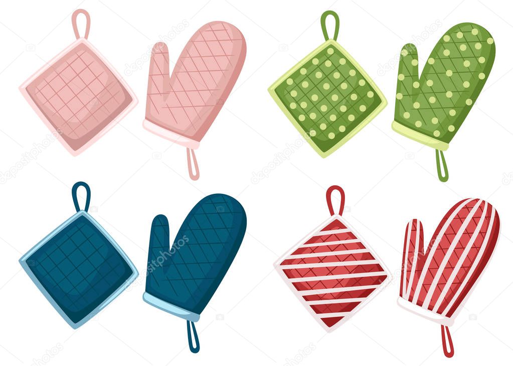 Potholder and oven mitt in different color and texture. Protective fabric tissue cloth with square, line and dot pattern. Flat vector illustration isolated on white background.