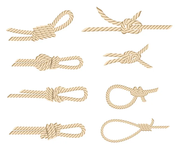 Set Nautical Rope Knots Yellow Rope Strong Marine Rope Knots — Stock Vector