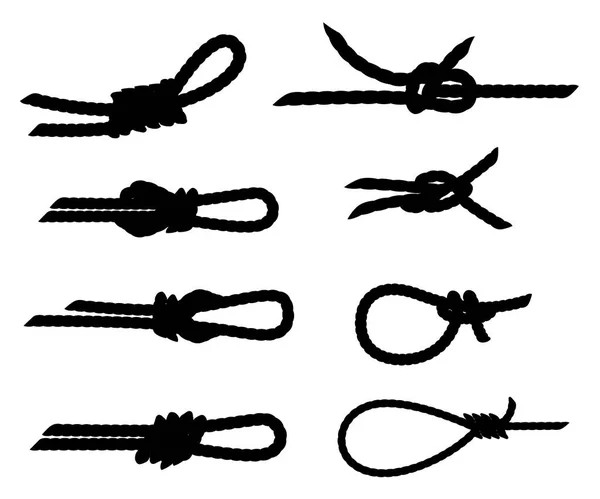 Schwarze Silhouette Set Von Nautischen Seilknoten Starke Seeseil Knoten Flache — Stockvektor