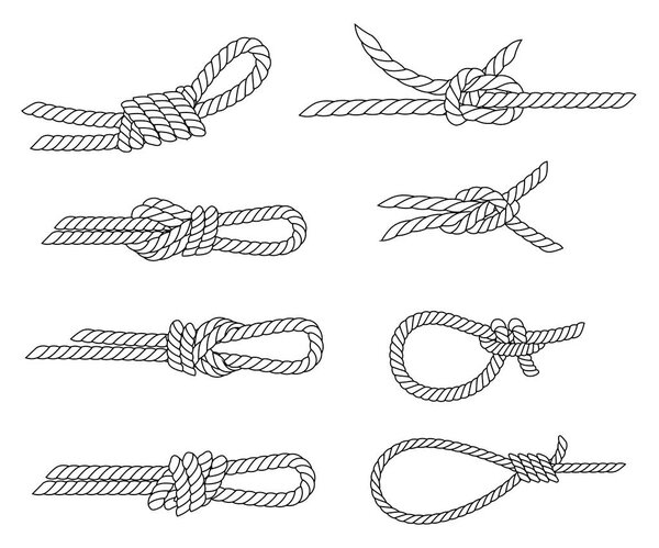 Набор морских верёвочных узлов. Дизайн линии. Сильные морские верёвки. Плоская векторная иллюстрация на белом фоне
.