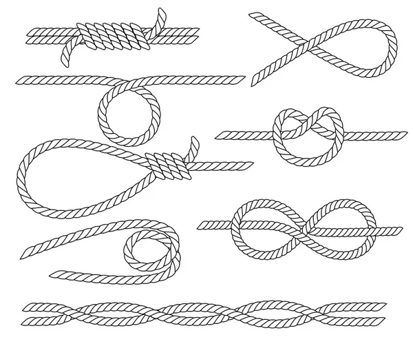 航海ロープの結び目のセット ラインデザイン 強い海洋ロープの結び目 白い背景に孤立した平らなベクトルのイラスト — ストックベクタ