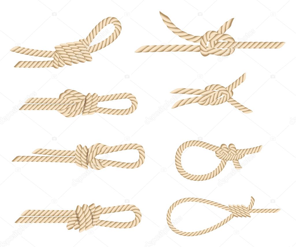 Set of nautical rope knots. Yellow rope. Strong marine rope knots. Flat vector illustration isolated on white background.