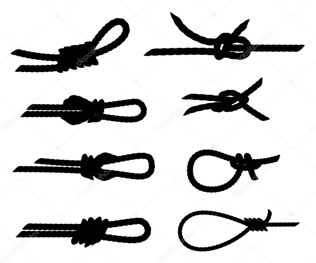 Black silhouette. Set of nautical rope knots. Strong marine rope knots. Flat vector illustration isolated on white background.