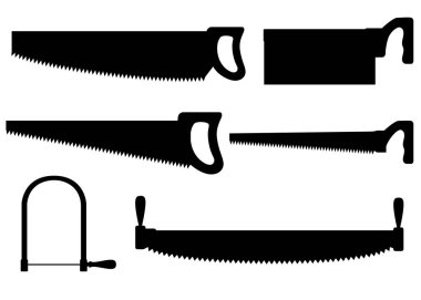 Siyah siluet. Handsaw koleksiyonu. Ahşap kolu ile testere. Uzun çelik bıçaklı Crosscut el testere. Ahşap kesme aracı. Beyaz arka planda izole düz vektör illüstrasyon.