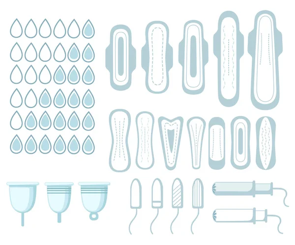 Kolekcja Klocków Tamponów Dla Kobiet Podkładki Sanitarne Skrzydłami Skala Kroplami — Wektor stockowy