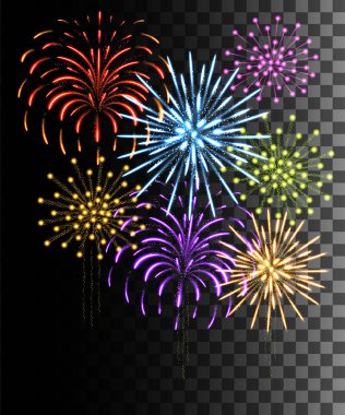 Parlayan koleksiyon. Renkli havai fişek, şeffaf arka planda izole ışık efektleri. Güneş ışığı objektif Flare, yıldızlar. Parlayan elemanlar. Tatil havai fişekleri. Vektör Illustration.
