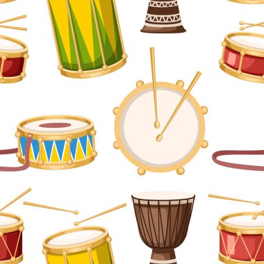 Dikişsiz desen. Davul çubukları simge seti ile renkli davul. Müzik aletleri koleksiyonu. Beyaz arka planda düz vektör çizim.