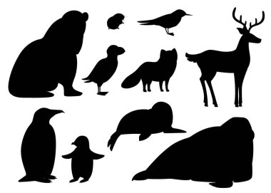 Siyah siluet. Kutup hayvanları simgesi seti. Kuşlar ve memeliler. Kutup hayvan, karikatür düz tasarım. Vektör Illustration beyaz arka planda yalıtılmış.