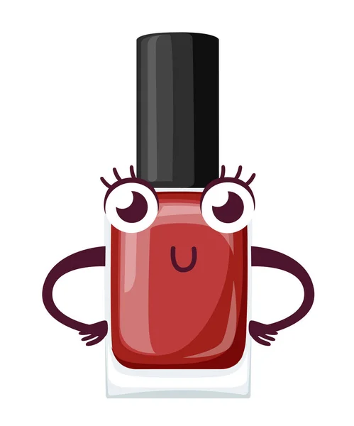 圆形红色有光泽的指甲油瓶 黑色帽子 吉祥物 卡通人物设计 白色背景上的平面矢量插图 修指甲概念 — 图库矢量图片