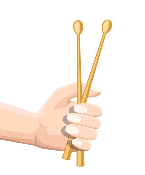 Hand Holding Wooden Drumsticks Musical Instrument Drum Flat Vector Illustration — Stock Vector