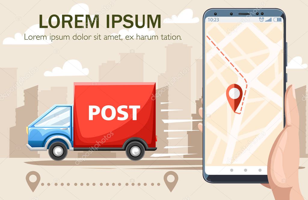Blue van with red container with POST label. Post car cartoon design. Flat vector illustration with city on landscape. Delivery service concept. Place for text.